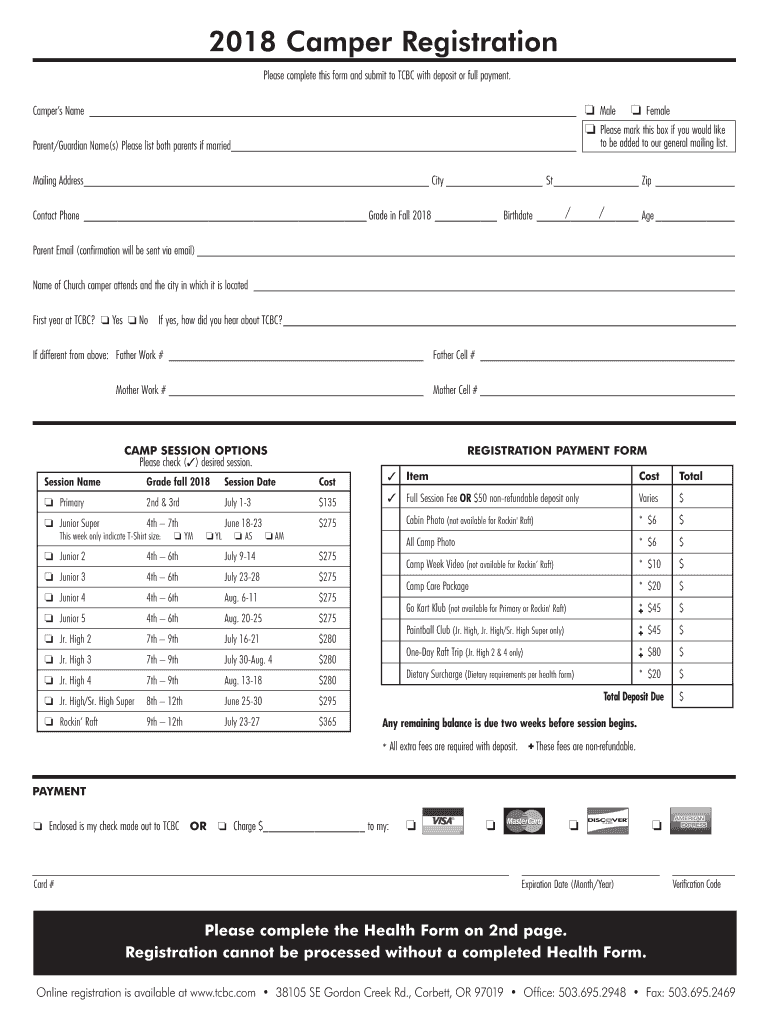 Fillable Online 2018 Camper Registration Trout Creek Bible Camp Fax