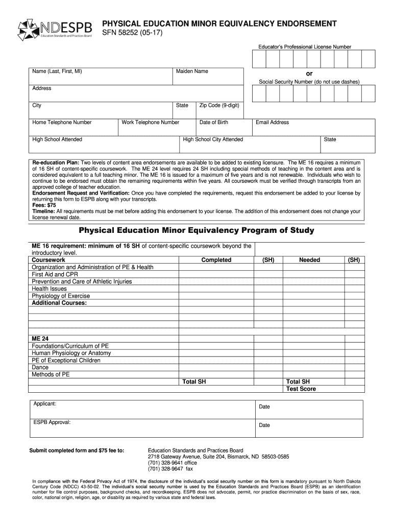 Fillable Online PHYSICAL EDUCATION MINOR EQUIVALENCY ENDORSEMENT Fax