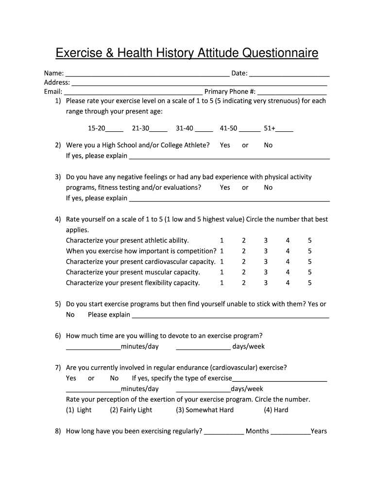 Exercise History & Attitude Questionnaire Balance Personal Fill