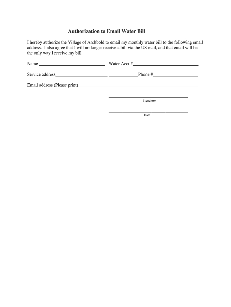 Fillable Online Authorization to Email Water Bill Archbold, Ohio Fax