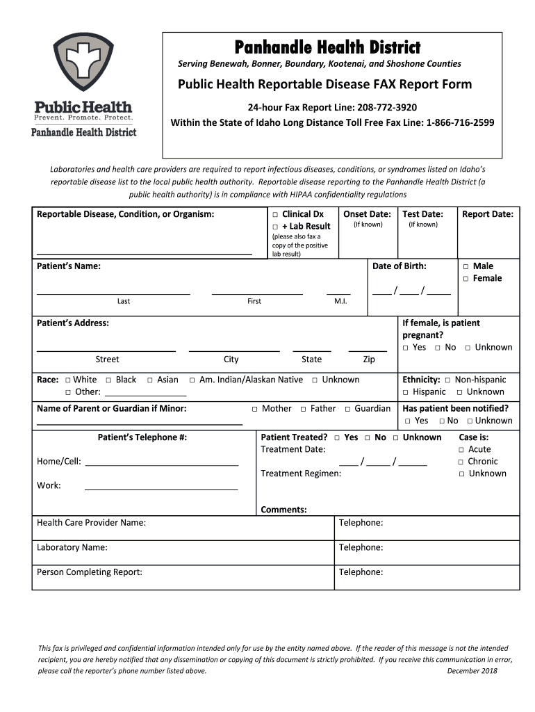 Fillable Online Reportable Disease Form Panhandle Health District Fax