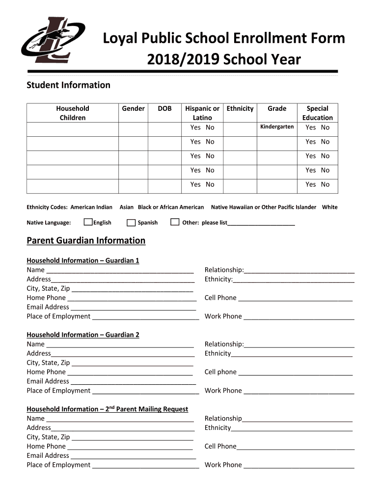 Fillable Online Loyal Public School Enrollment Form 2018/2019 School Year Fax Email Print
