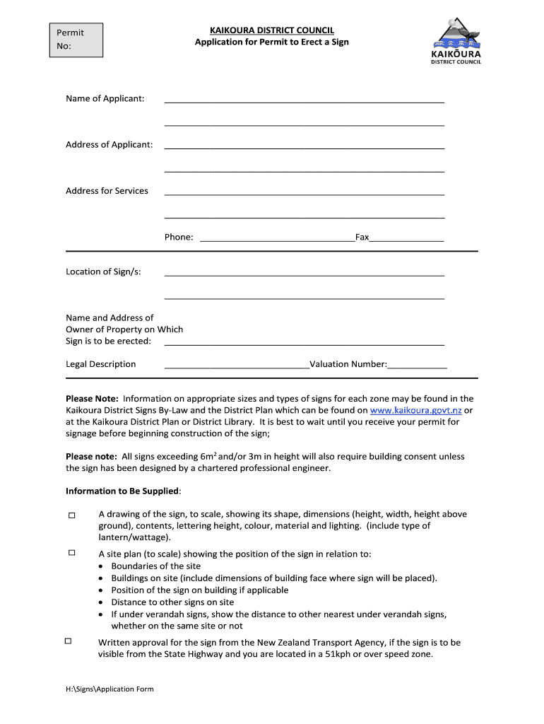 Fillable Online KAIKOURA DISTRICT COUNCIL No Application for Permit to