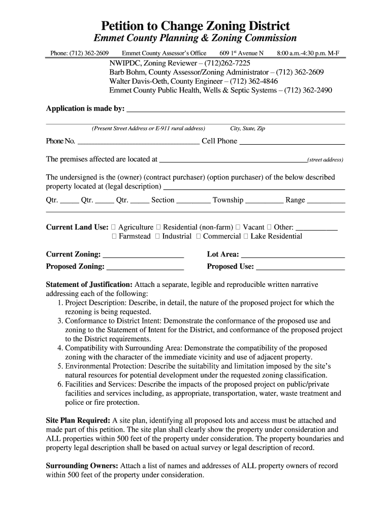 Fillable Online Petition to Change Zoning District Emmet County, Iowa
