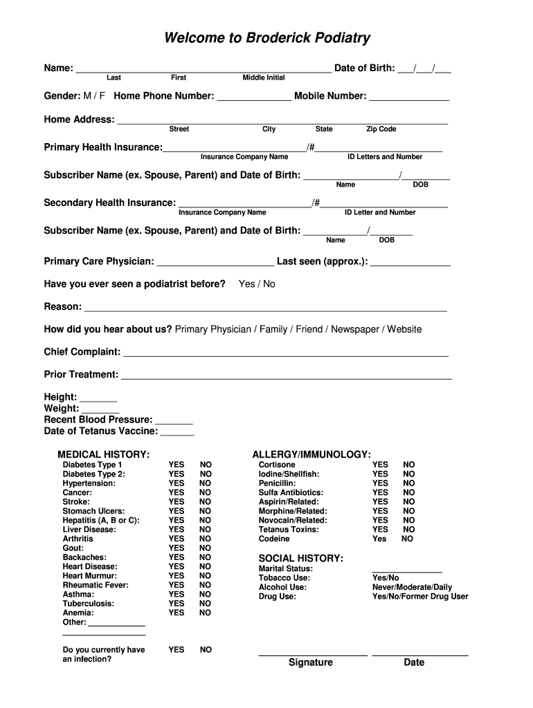 Fillable Online to Broderick Podiatry Fax Email Print pdfFiller