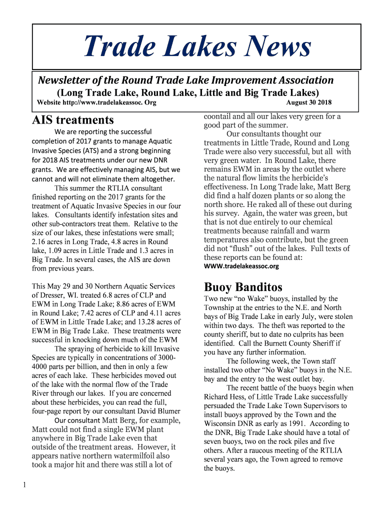 Fillable Online Trade Lakes News the RoundTrade Lake Improvement