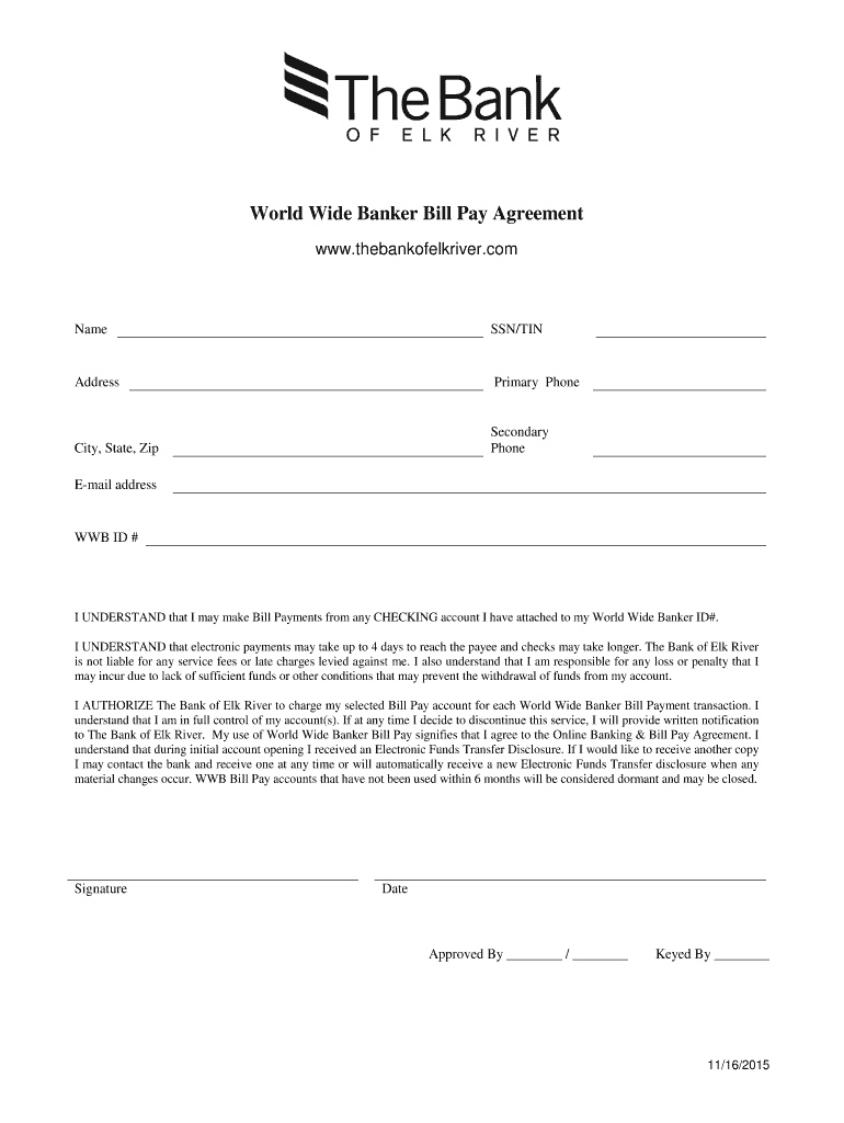 Fillable Online Online Banking & Bill Pay Agreement The Bank of Elk