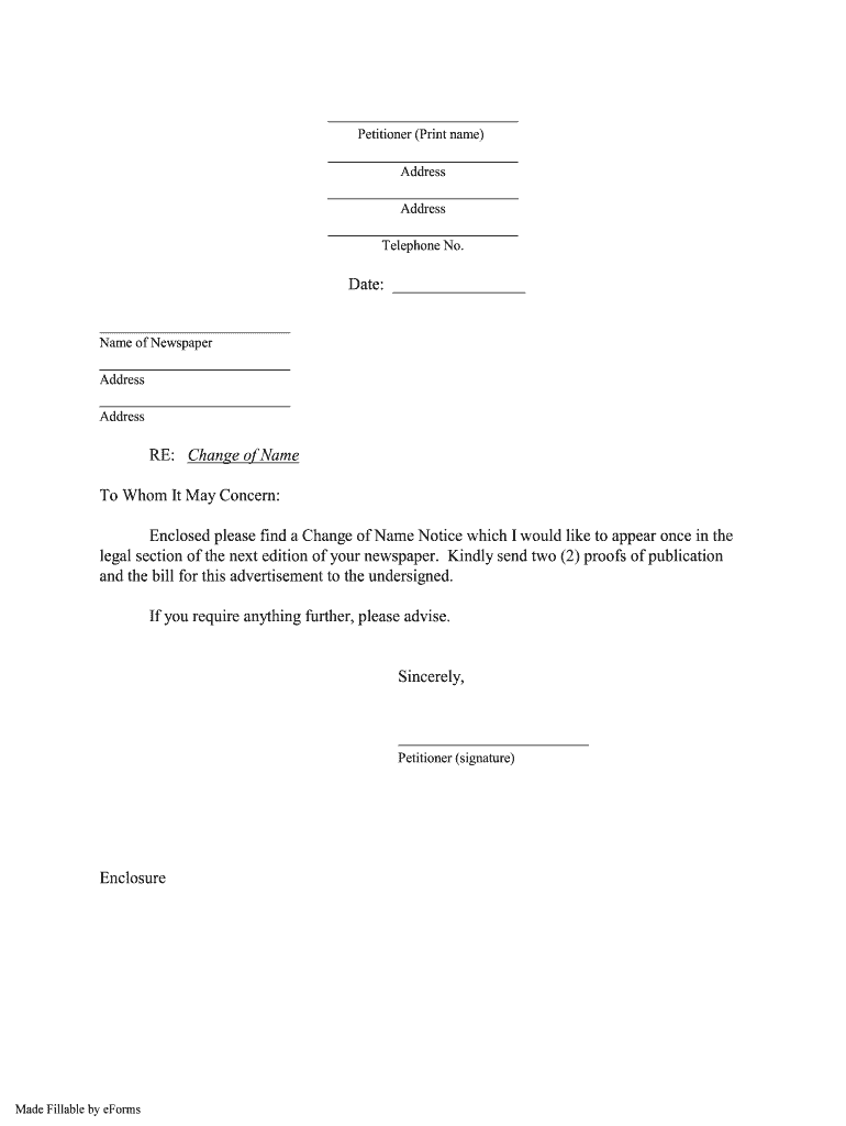 PA Publication Notice Form Cover Letter (Change of Name
