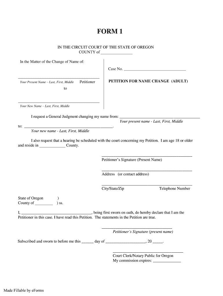 OR Form 1 Petition For Name Change (Adult) Complete Legal Document
