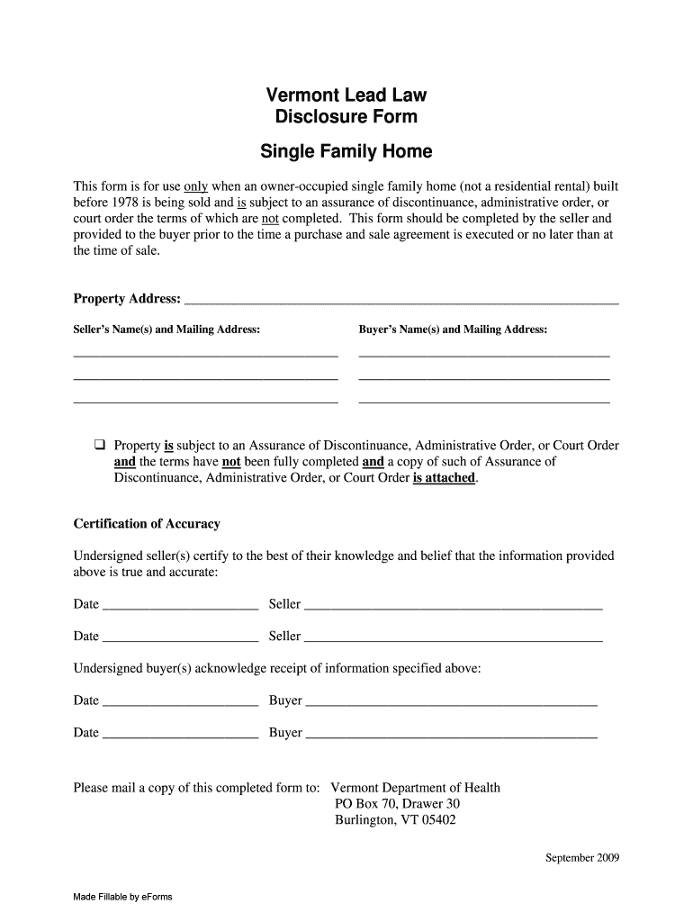 VT Lead Law Disclosure Form Single Family Home 2009 Fill and Sign