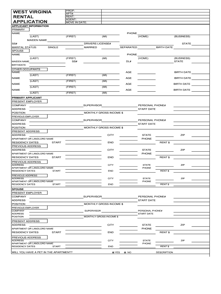 Fillable Online Free West Virginia Rental Application Form PDFeForms
