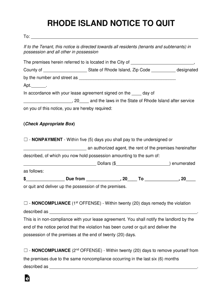Fillable Online Rhode Island Eviction Notice to Quit Form Fax Email