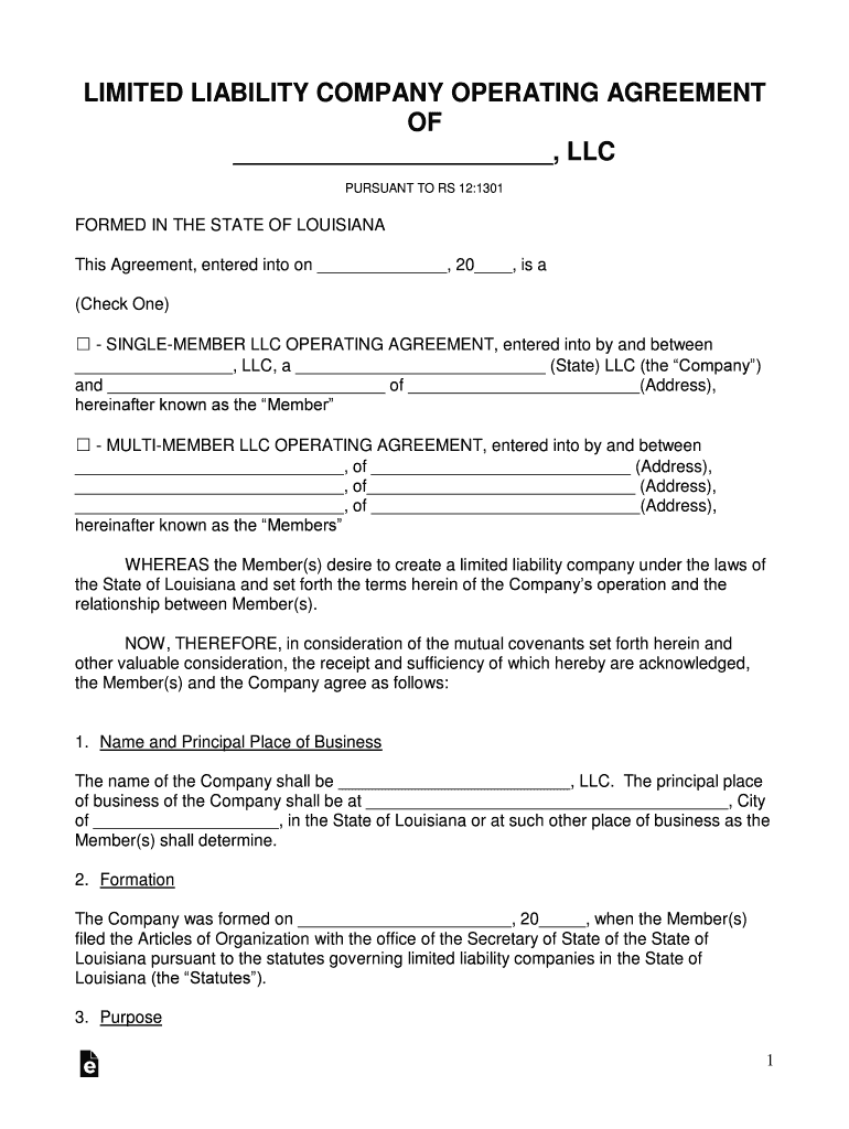 Fillable Online Louisiana LLC Operating Agreement Template Fax Email