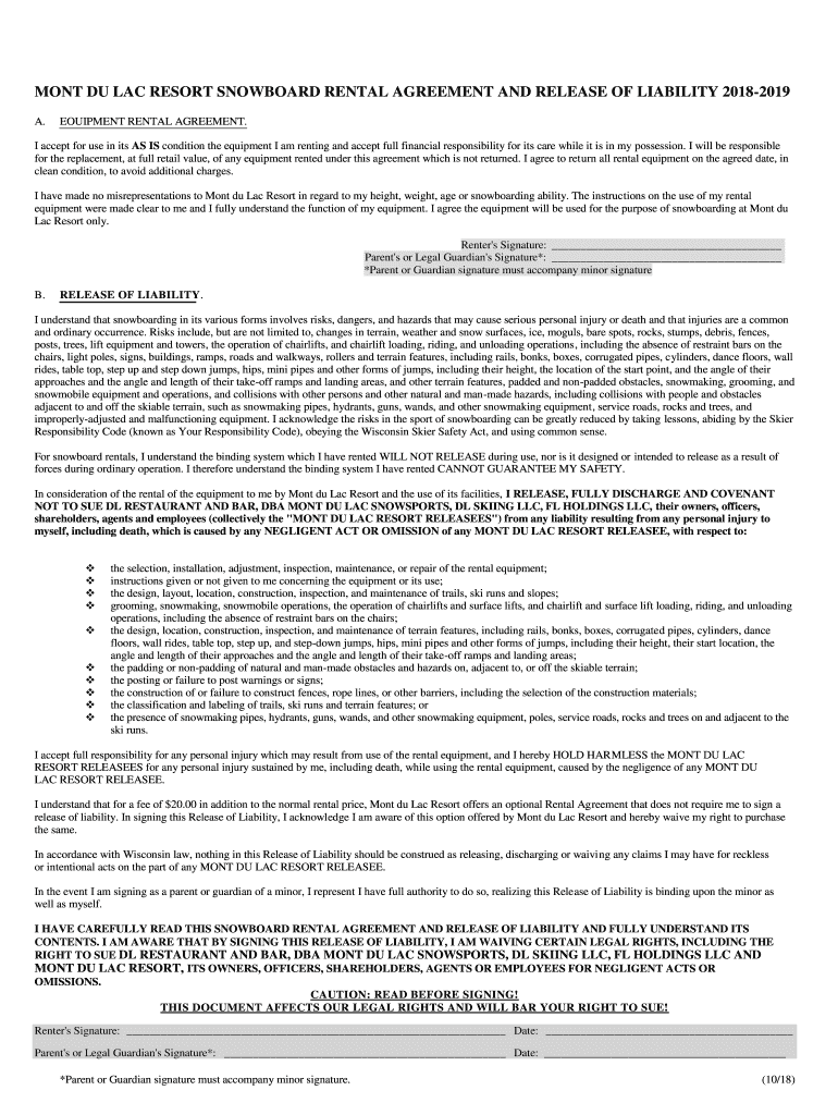 Fillable Online MONT DU LAC RESORT SNOWBOARD RENTAL AGREEMENT AND