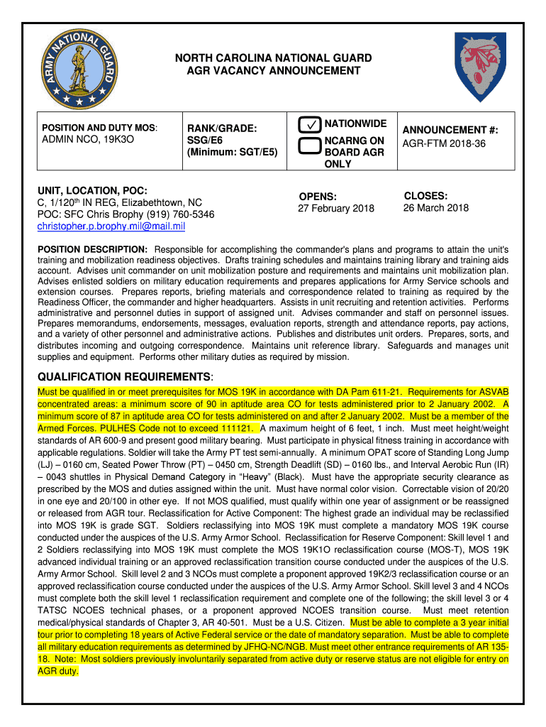 Fillable Online nc ng north carolina national guard agr vacancy