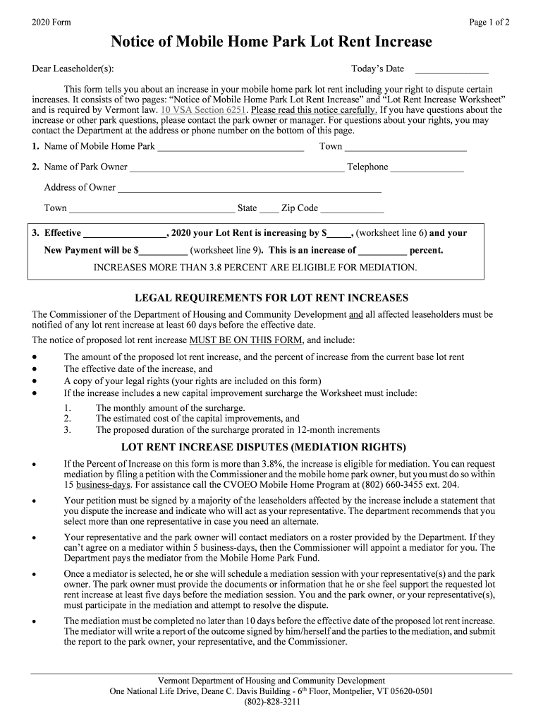 Fillable Online accd vermont 2020 Notice of Mobile Home Park Lot Rent Increase form Fax Email