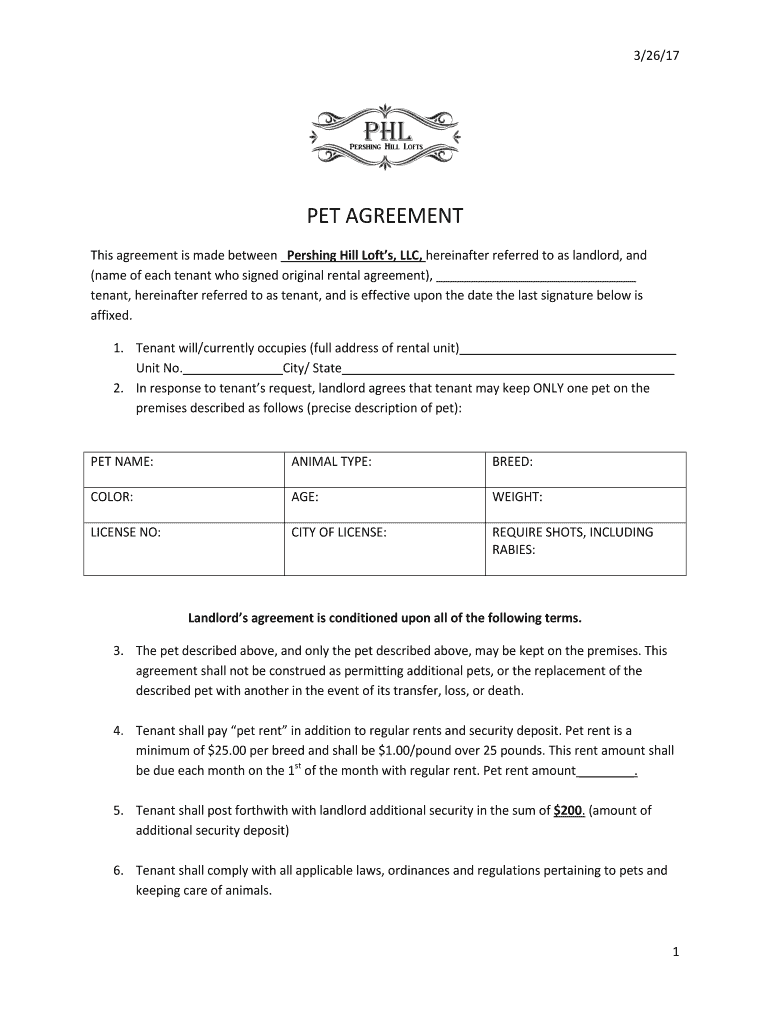 Fillable Online This agreement is made between Pershing Hill Lofts, LLC