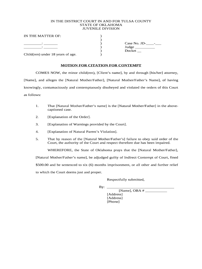 IN THE DISTRICT COURT OF TULSA COUNTY, STATE OF OKLAHOMA Fill out