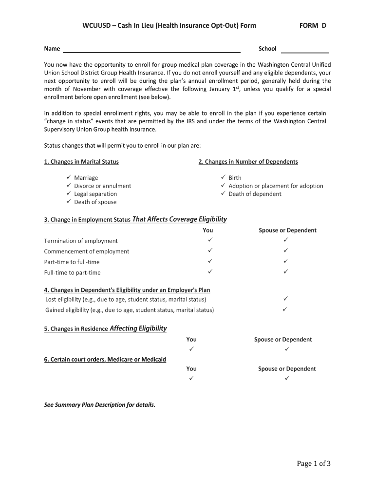 Fillable Online WCUUSDCash In Lieu (Health Insurance OptOut) Form