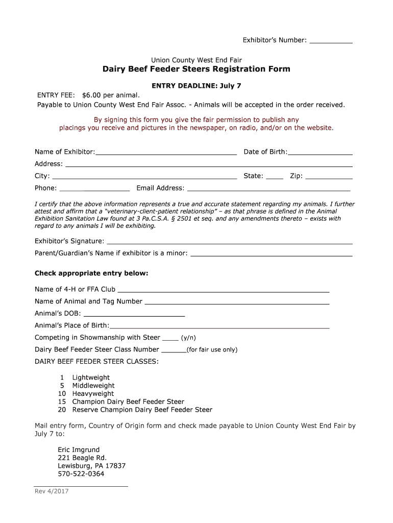 Fillable Online Dairy Beef Feeder Steers Registration Form Fax Email
