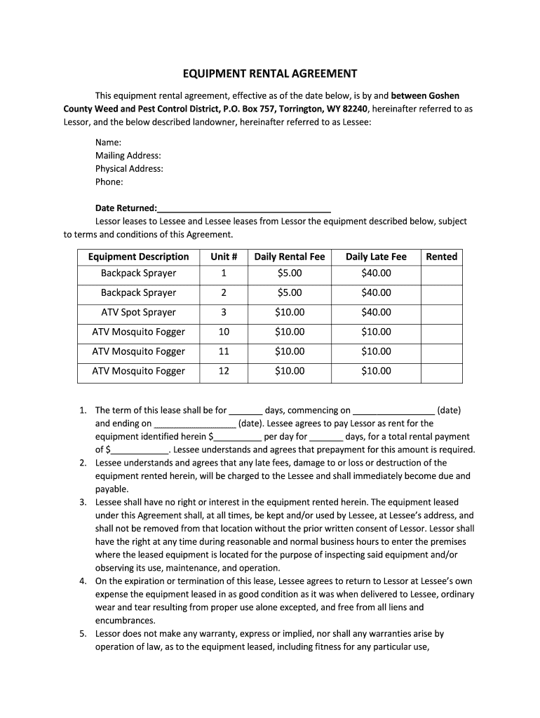 Fillable Online EQUIPMENT RENTAL AGREEMENT Goshen County Weed Fax