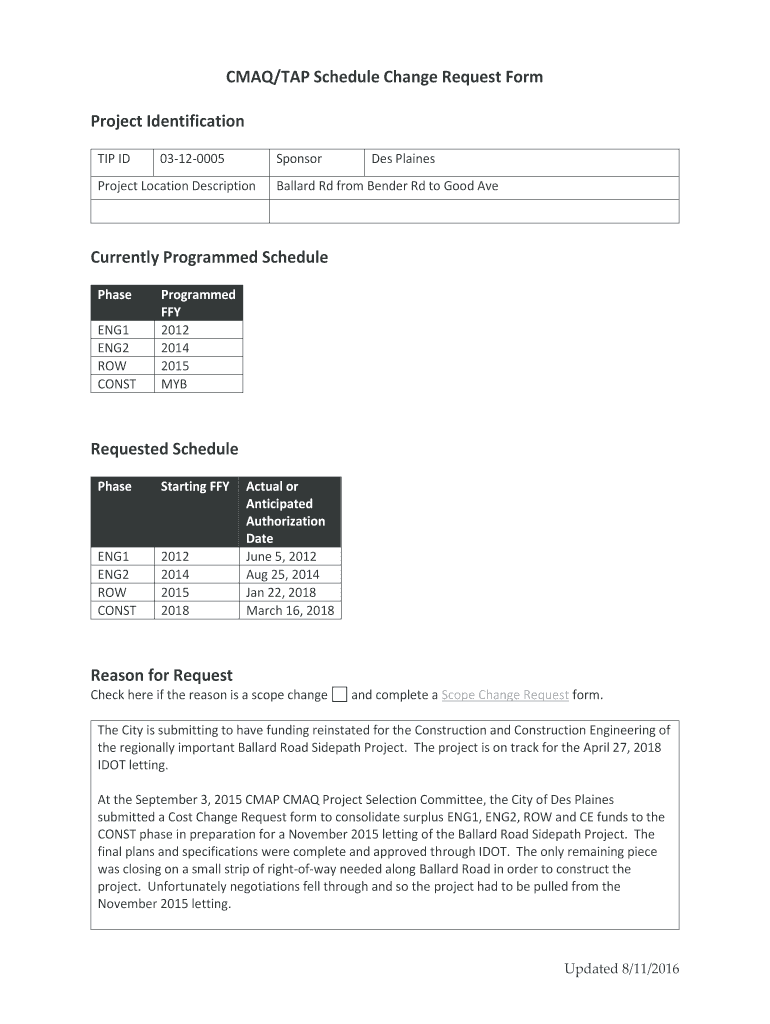 Fillable Online CMAQ/TAP Schedule Change Request Form Pro ect