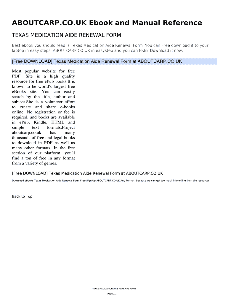 Fillable Online Free DOWNLOAD Texas Medication Aide Renewal Form at
