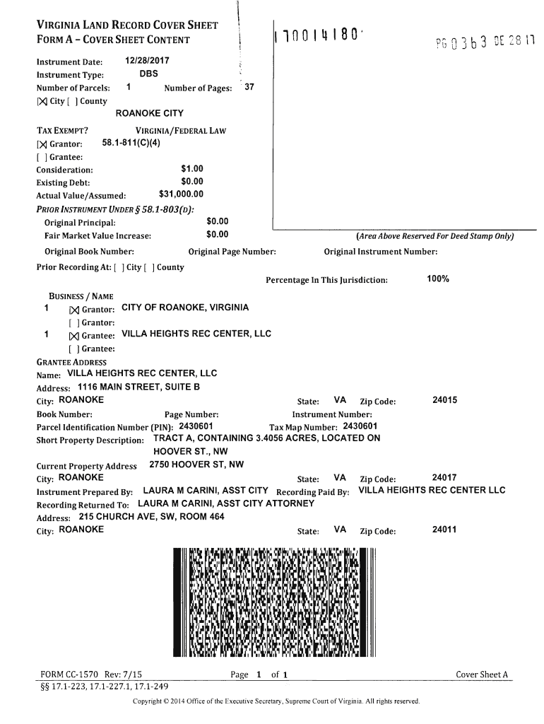 Fillable Online virginia land record cover sheet form a cover sheet