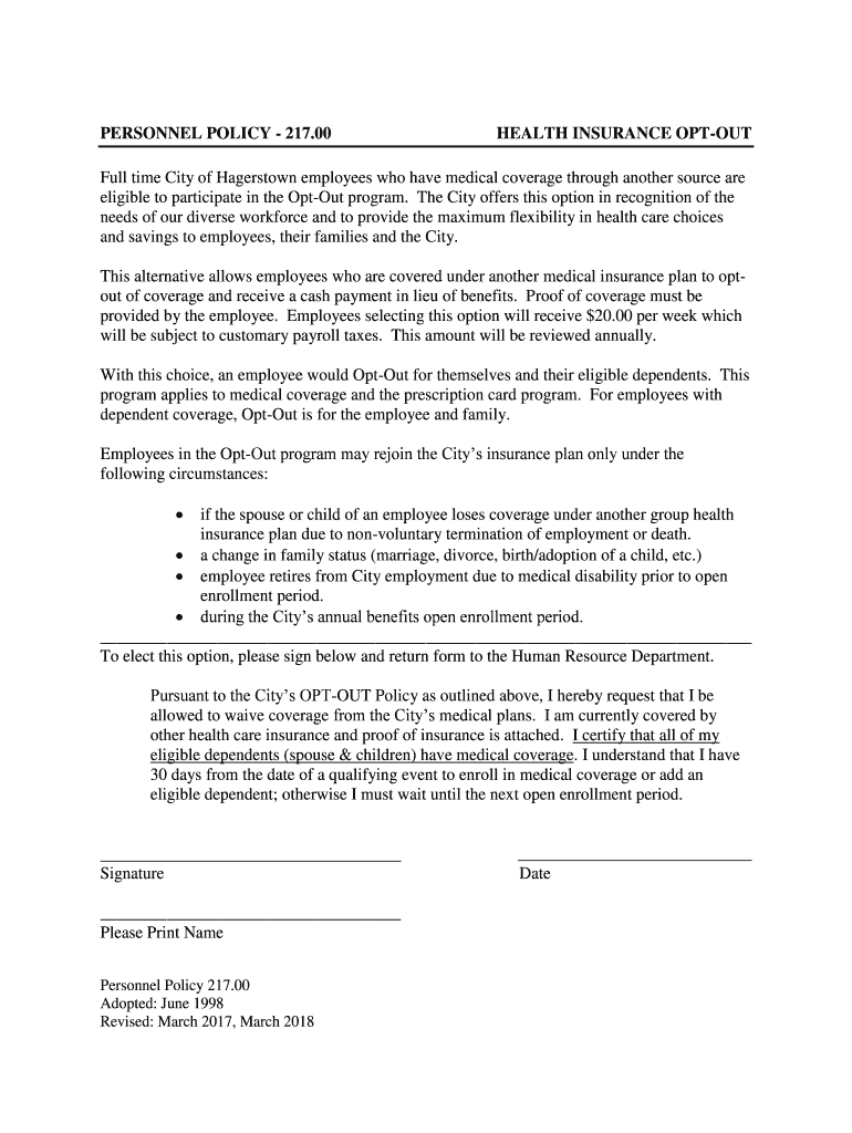 Fillable Online 217.00 HEALTH INSURANCE OPTOUT Full time City of
