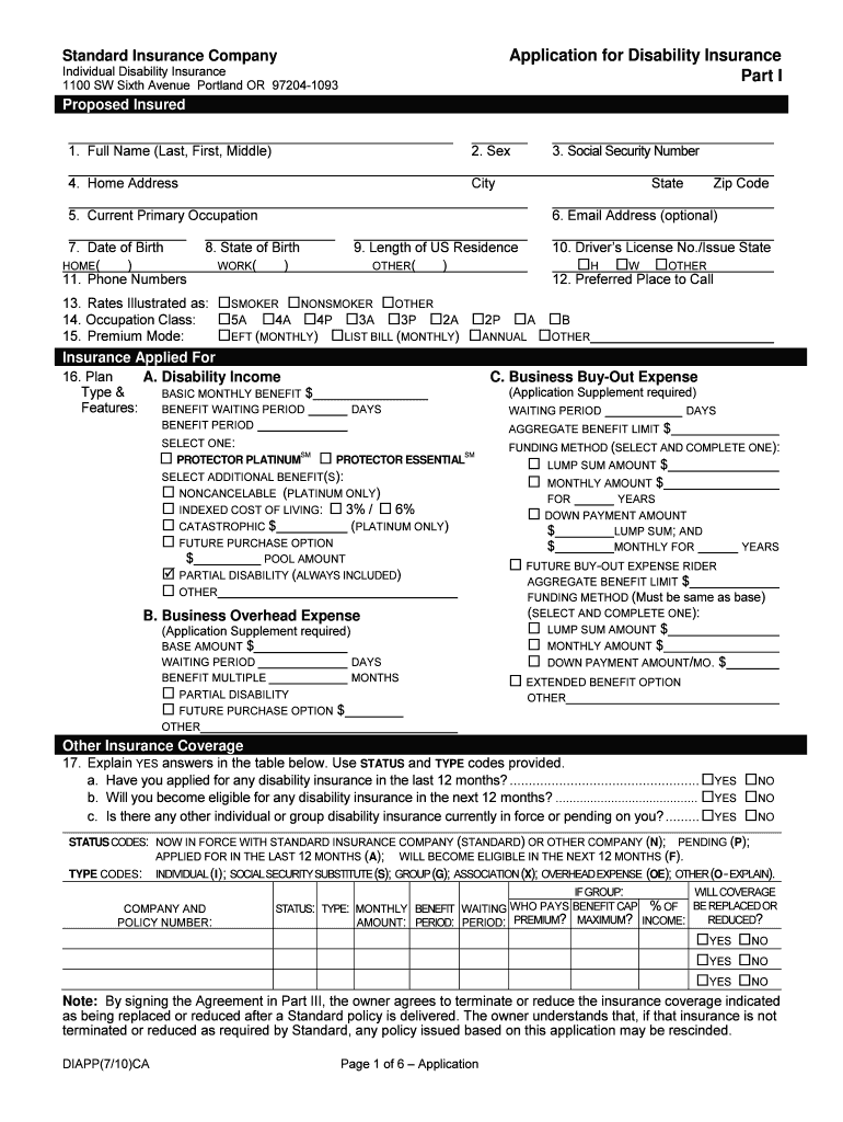 Fillable Online Application for Disability Insurance Part I The