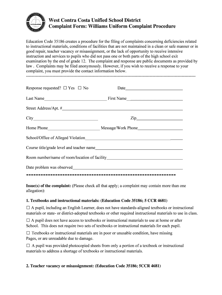 Fillable Online West Contra Costa Unified School District Complaint