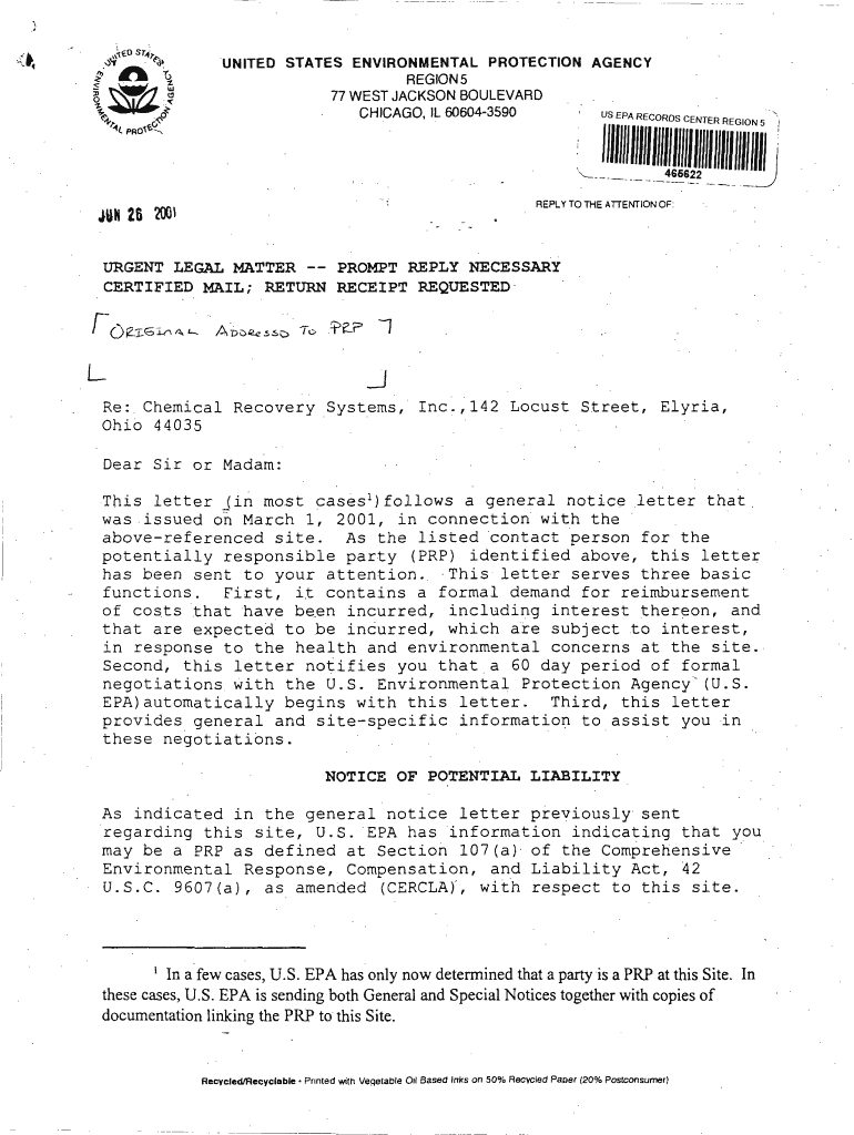 Fillable Online SPECIAL NOTICE LETTER SHERWIN WILLIAMS CINCINNATI