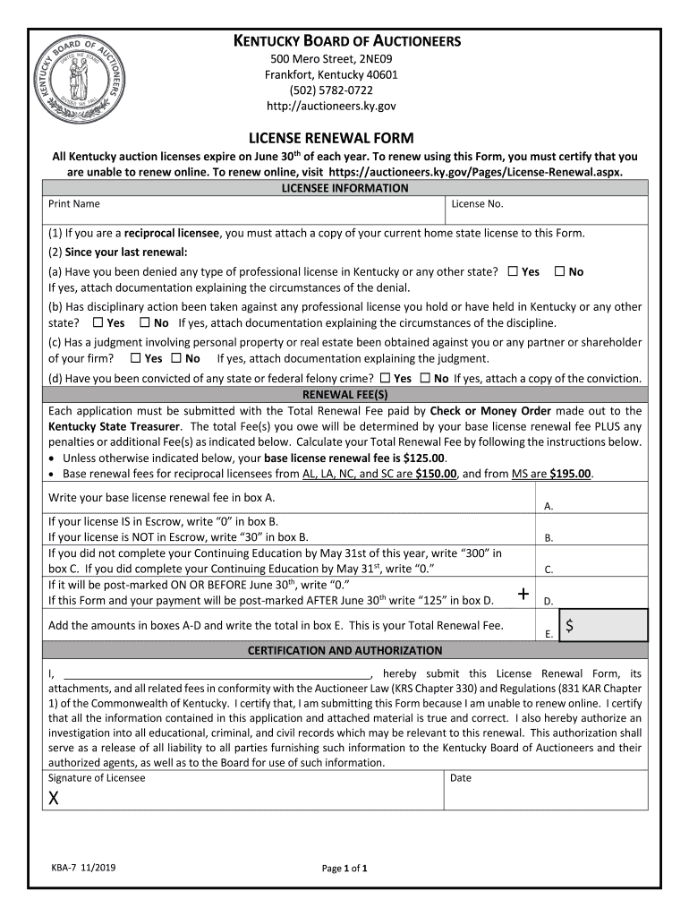 Fillable Online auctioneers ky KBA 7 LICENSE RENEWAL FORM.pdf Fax Email