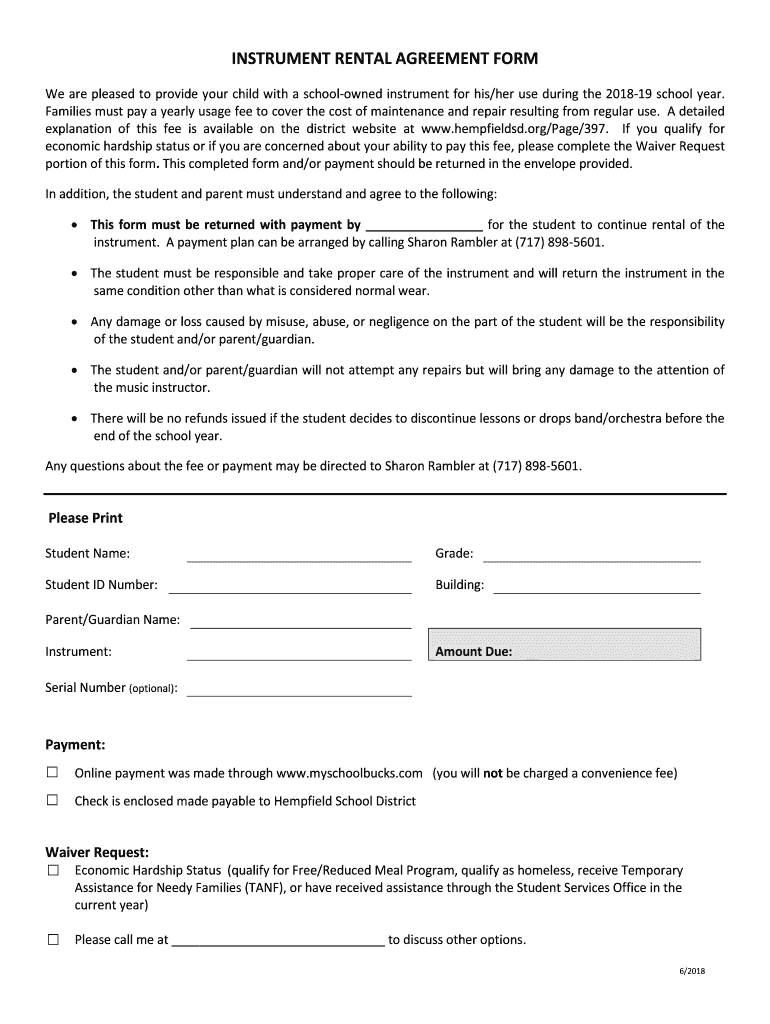 Fillable Online Hempfield School District Instrument Rental Agreement