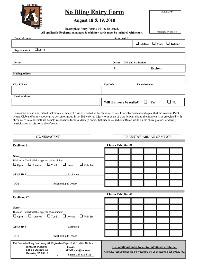 Fillable Online No Bling Entry Form Arizona Paint Horse Club Fax
