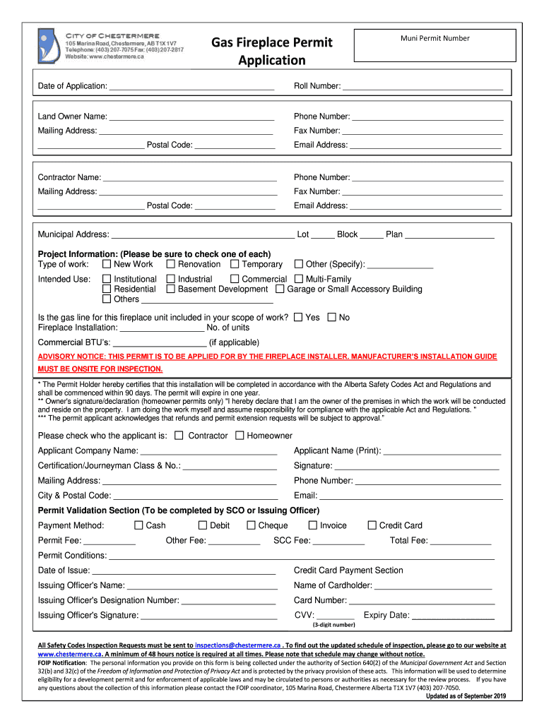 Fillable Online Gas Fireplace Permit Muni Permit Number Application Fax