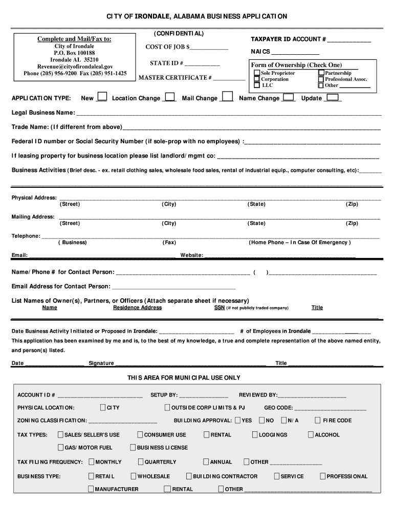 Fillable Online CITY OF IRONDALE, ALABAMA BUSINESS APPLICATION Fax