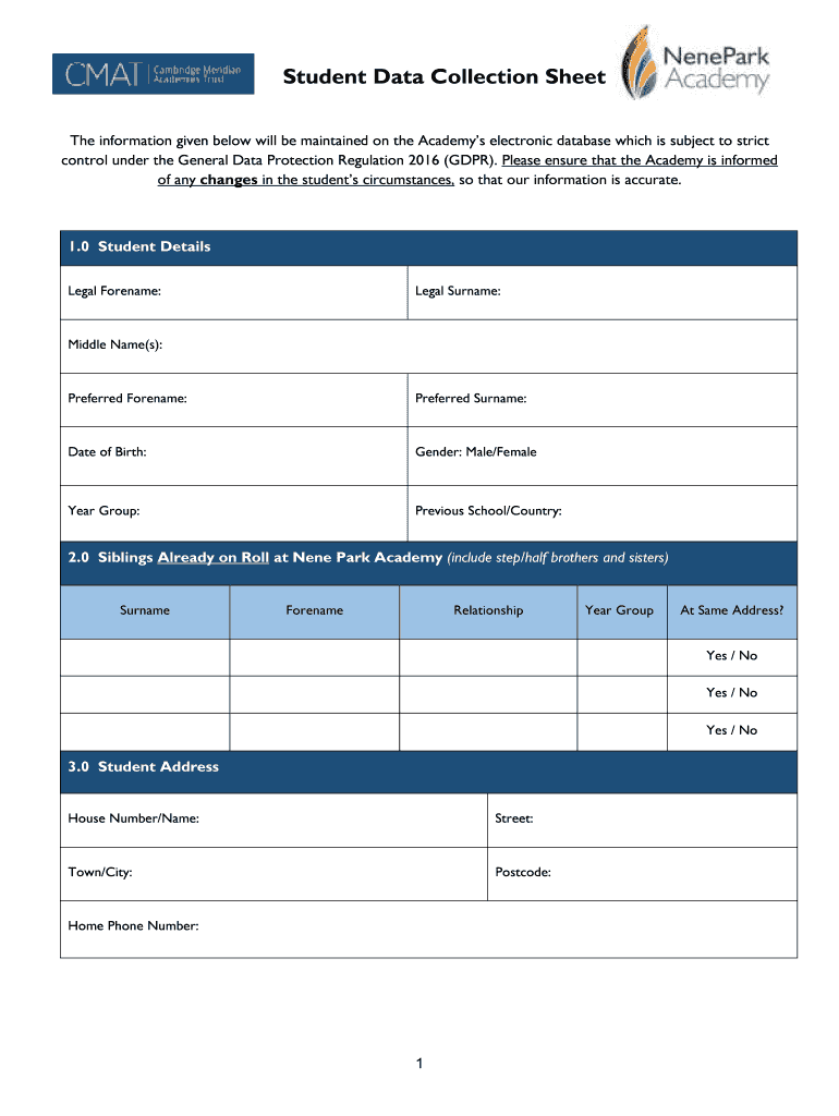 Fillable Online 1. Student Data Collection Sheet.docx Fax Email Print