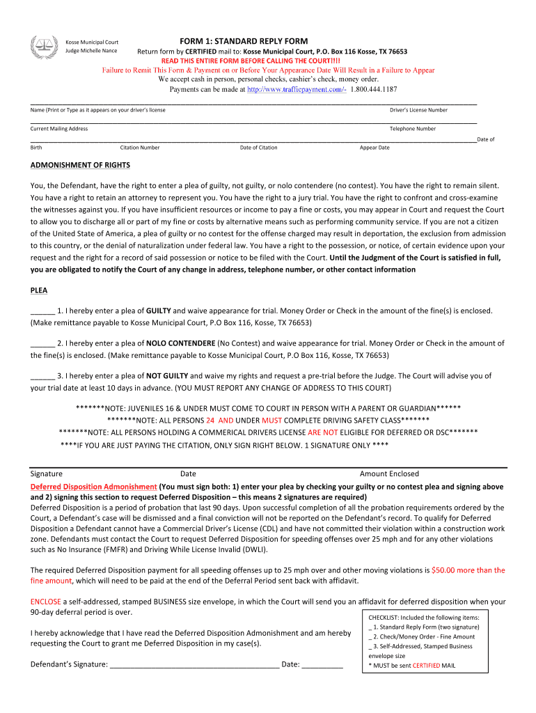Fillable Online Kosse Municipal Court FORM 1 STANDARD REPLY FORM Judge