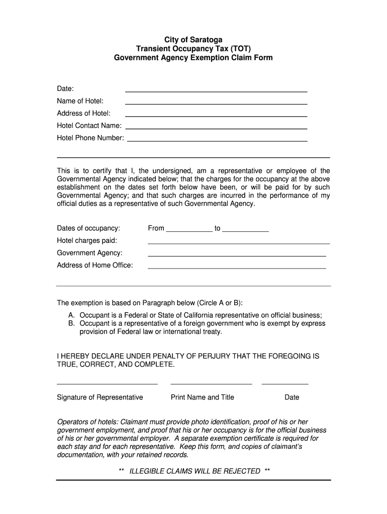 Fillable Online transient occupancy federal tax exemption form for any
