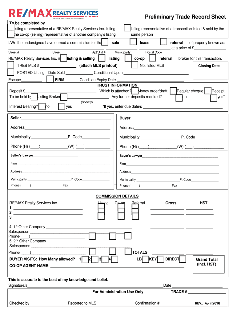 Fillable Online RE/MAX Realty Services Inc. Preliminary Trade Record