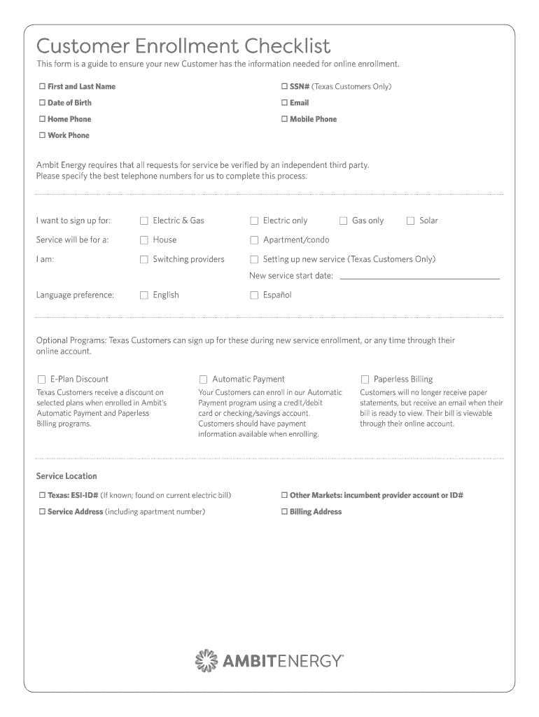 Ambit Energy Customer Enrollment Checklist 2012-2022 - Fill And Sign Printable Template Online | Us Legal Forms