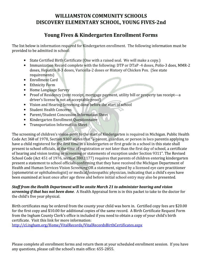 Fillable Online WILLIAMSTON COMMUNITY SCHOOLS DISCOVERY ELEMENTARY