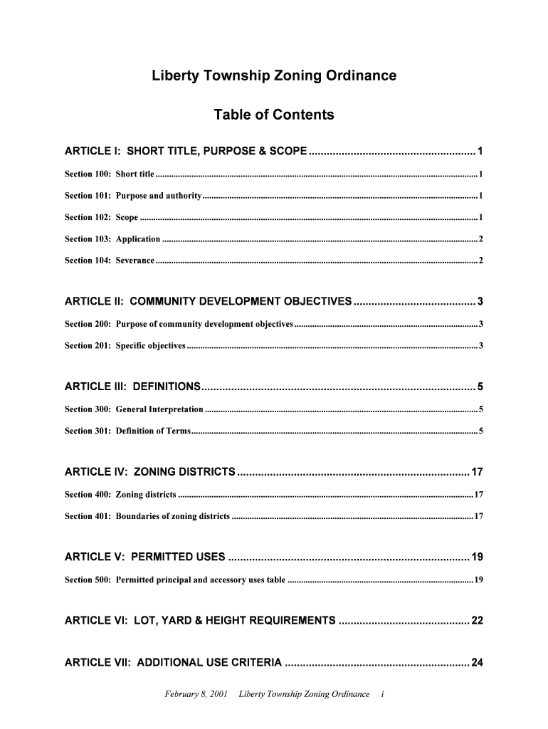Fillable Online Liberty Township Zoning Ordinance Table of Contents Fax