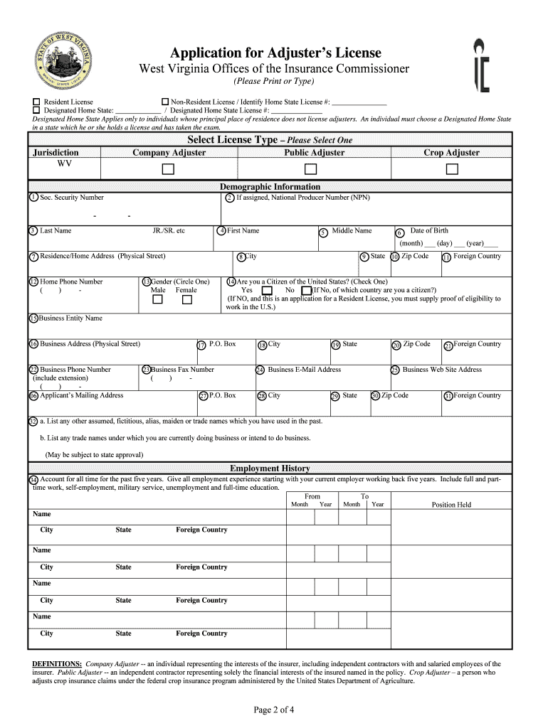 Fillable Online Fillable Online WV Adjuster License Part I General