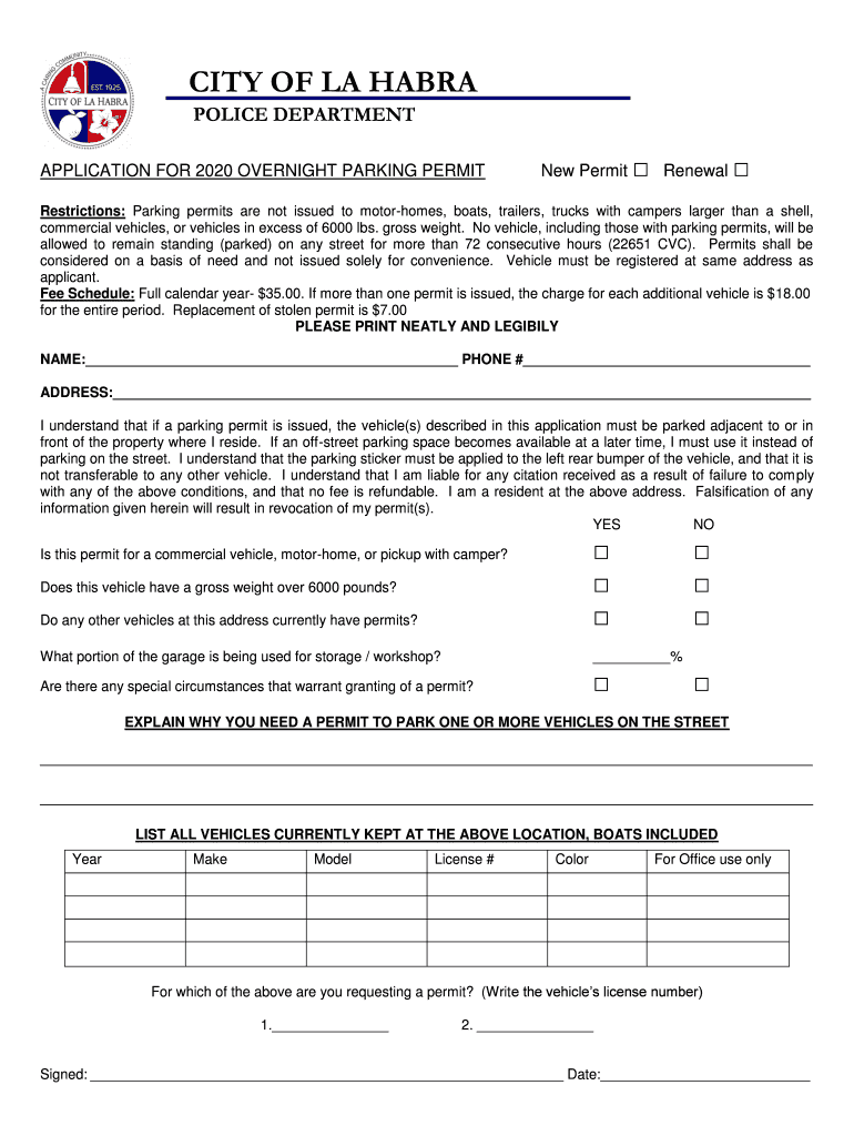 Fillable Online OVERNIGHT PARKING PERMIT 2020 application Fax Email
