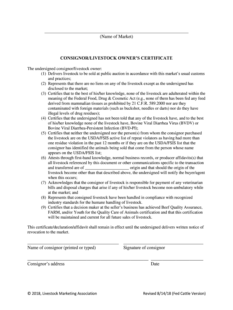Fillable Online arcadia stockyard consignor/livestock owner's