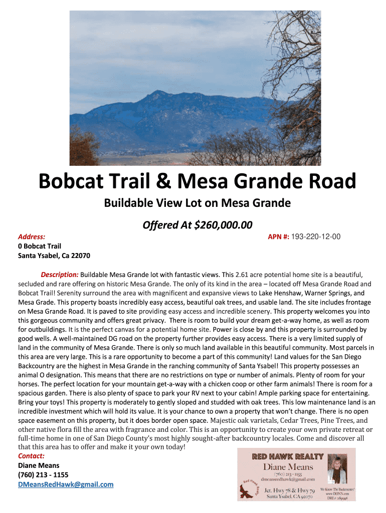Fillable Online Bobcat Trail & Mesa Grande Road Fax Email Print pdfFiller