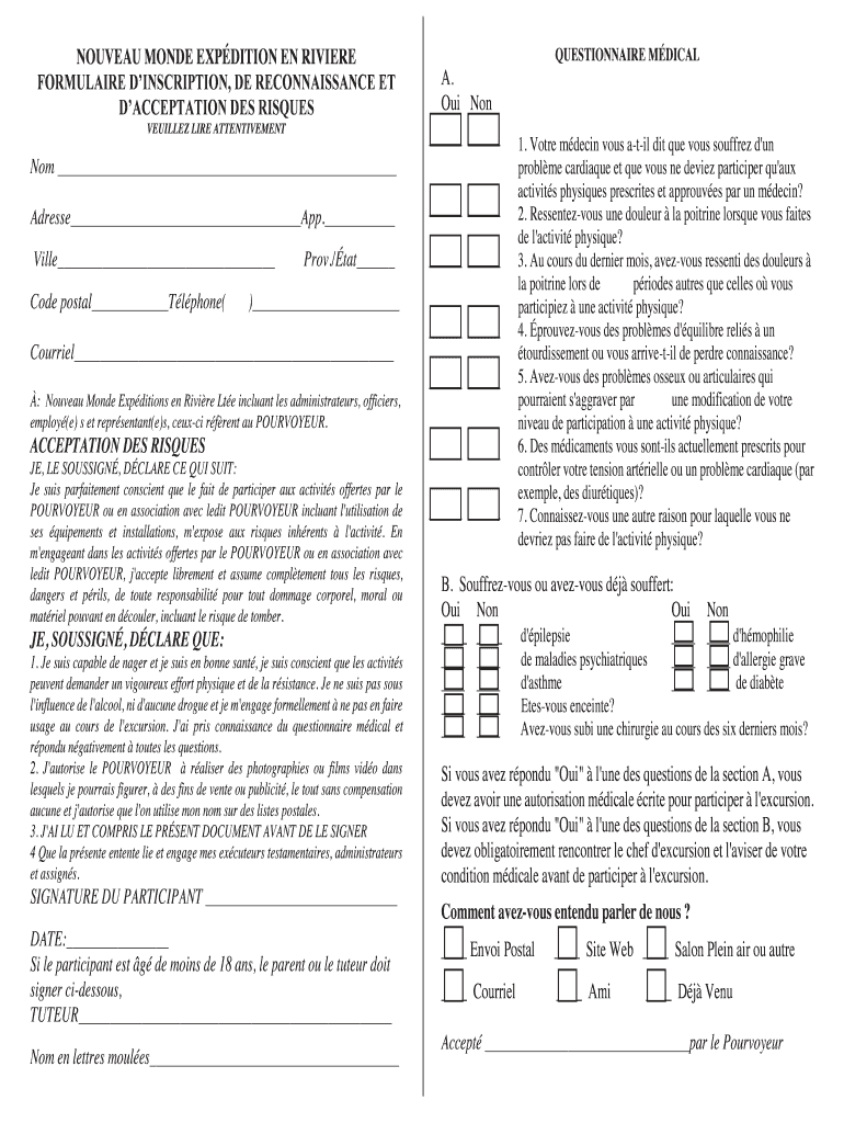Remplissable En Ligne NOUVEAU MONDE EXPDITION EN RIVIERE QUESTIONNAIRE
