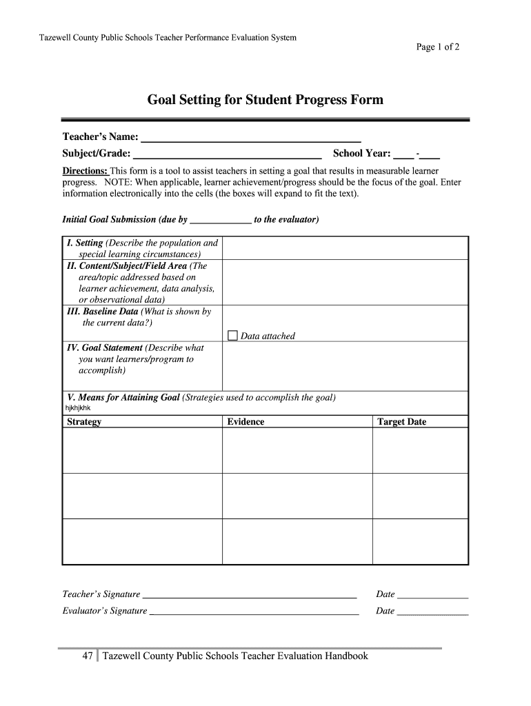 VA Tazewell County Public Schools Goal Setting for Student Progress Form Fill and Sign